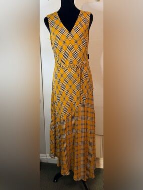 Vince Camuto Yellow Plaid Asymmetrical Sleeveless Wrap Tie Maxi Dress Size 6